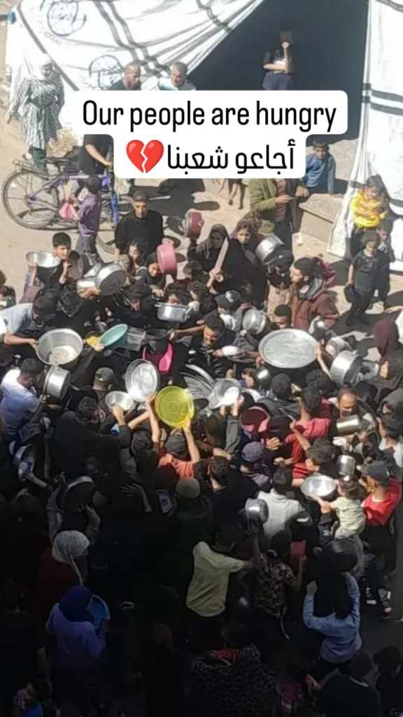 A photo of a crowd of people desperately waiting for food. A caption in English and Arabic that says "my people are starving"