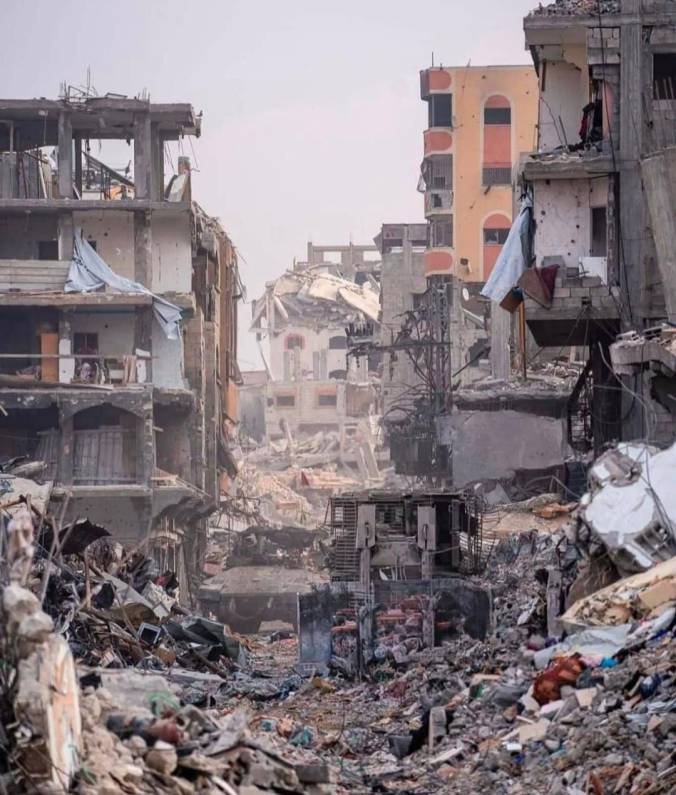 A landscape of destroyed buildings and rubble